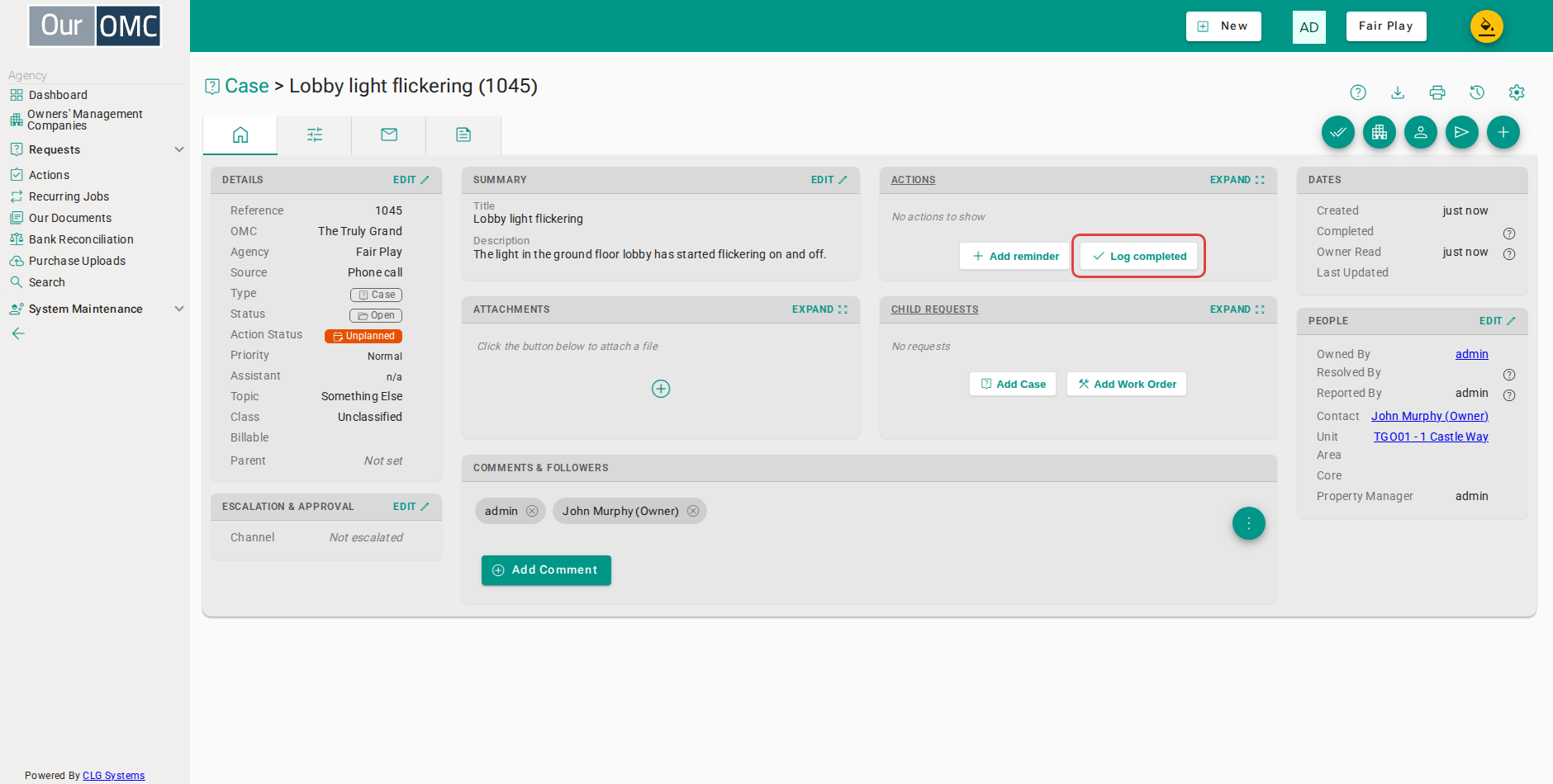 Click Log completed below the Actions list