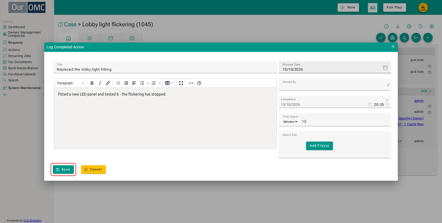 Click Save to log the completed work