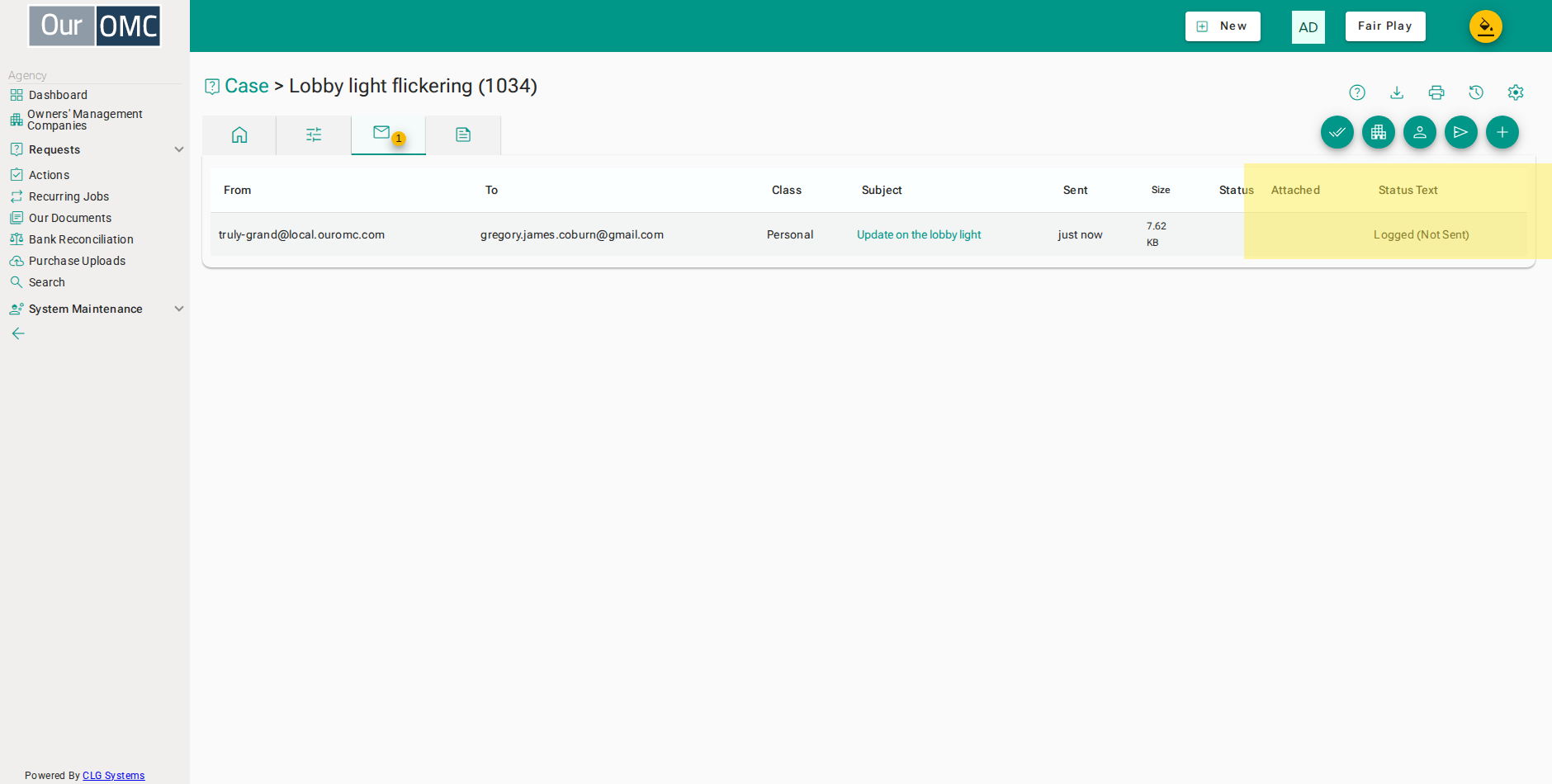 Each row is one email - who sent it, who it went to, the subject, when it was sent and its delivery status