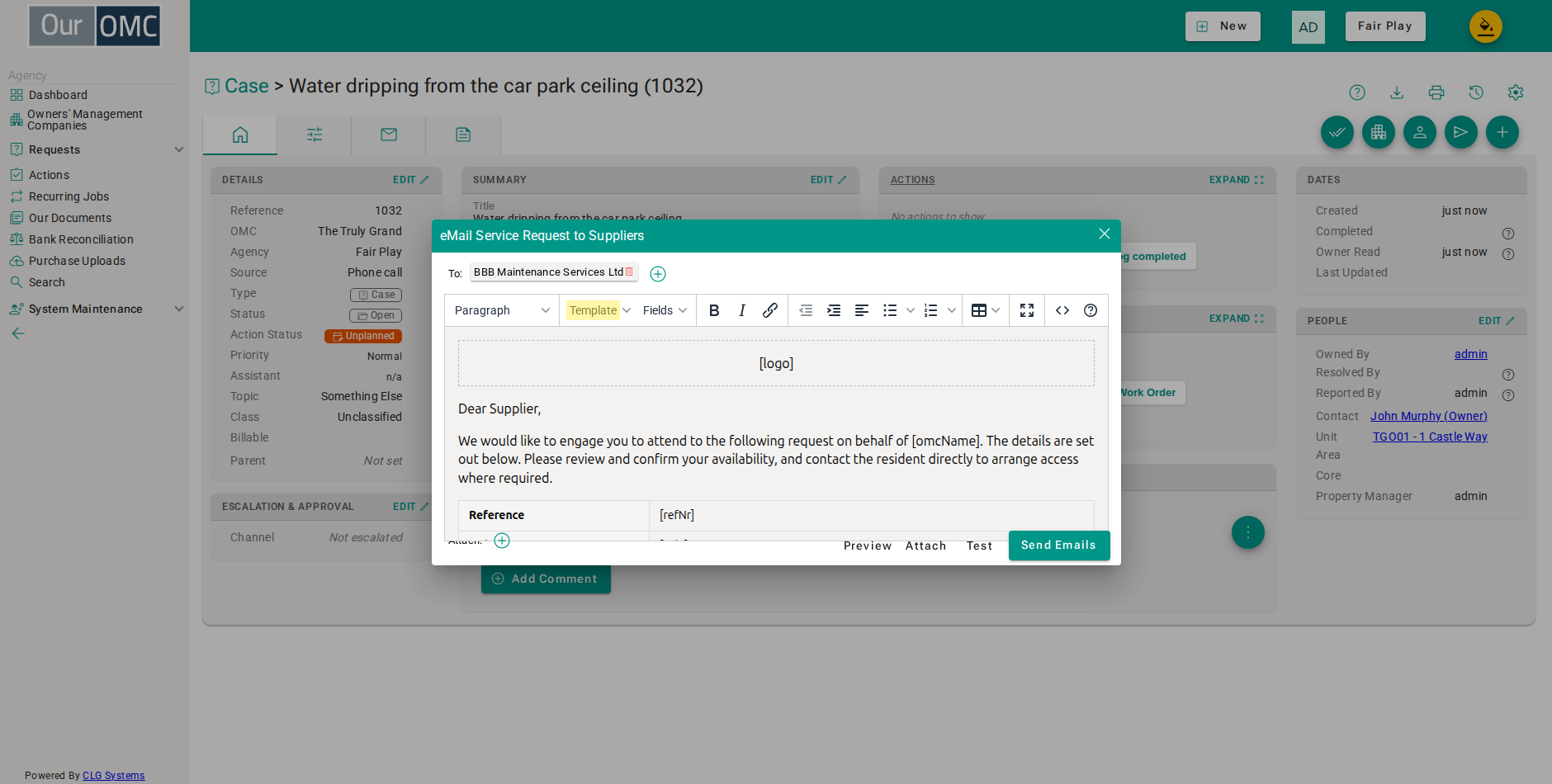 Click the Template button and choose the Supplier Request template