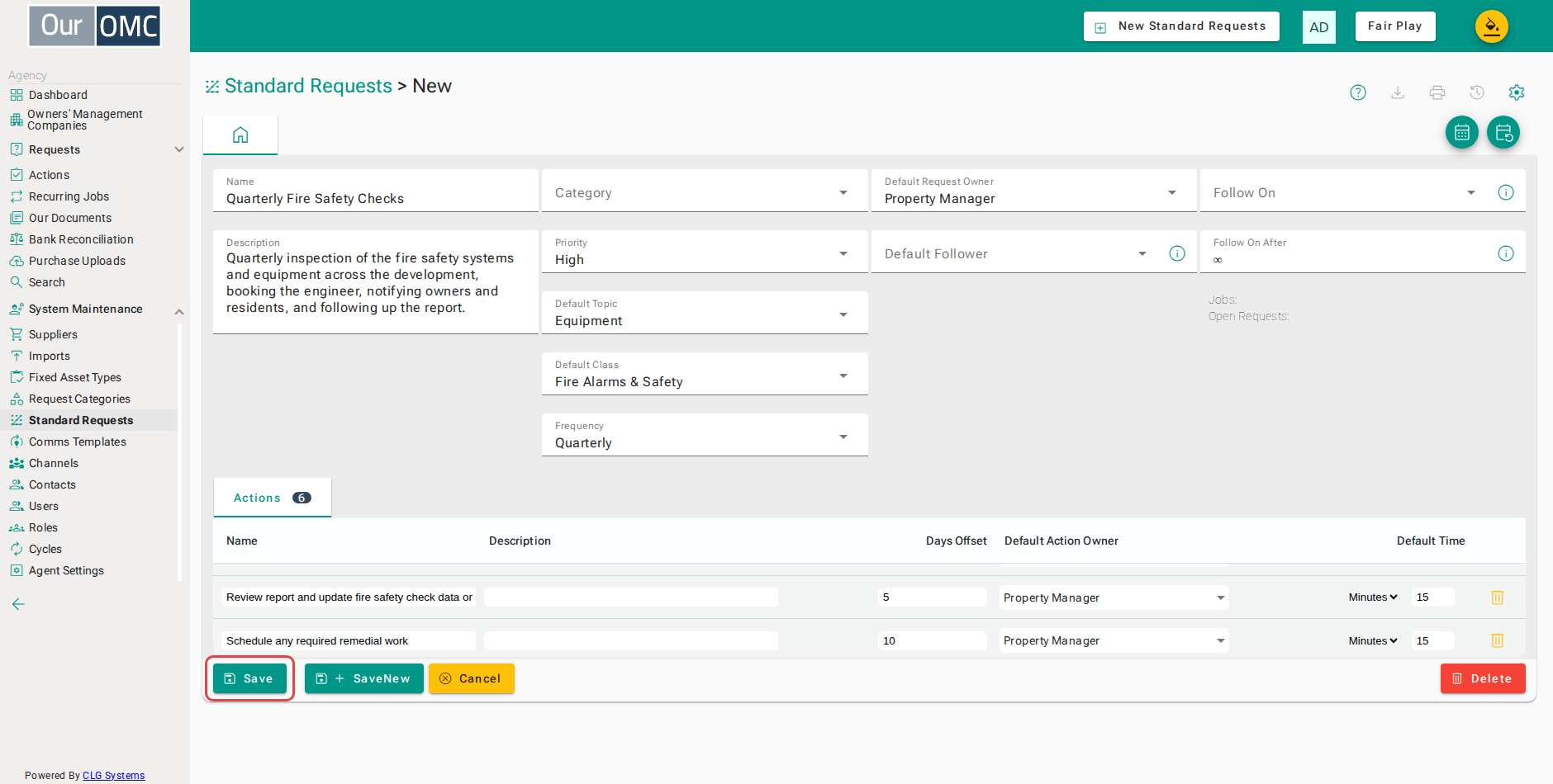 Click Save to create the standard request
