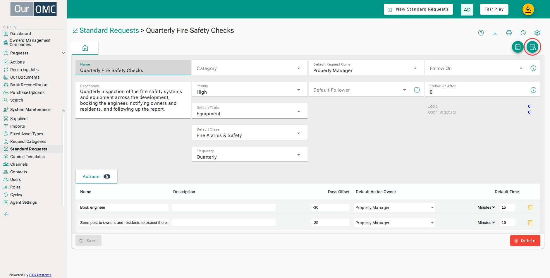Click Setup Jobs to schedule this standard request as a recurring job across your OMCs