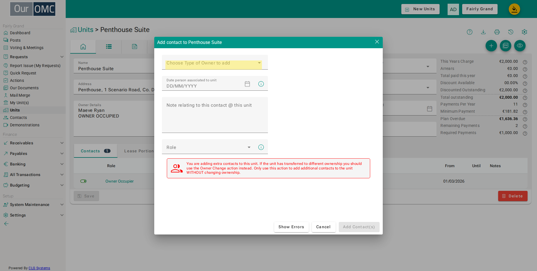 Select Individual to create a new person record for the owner