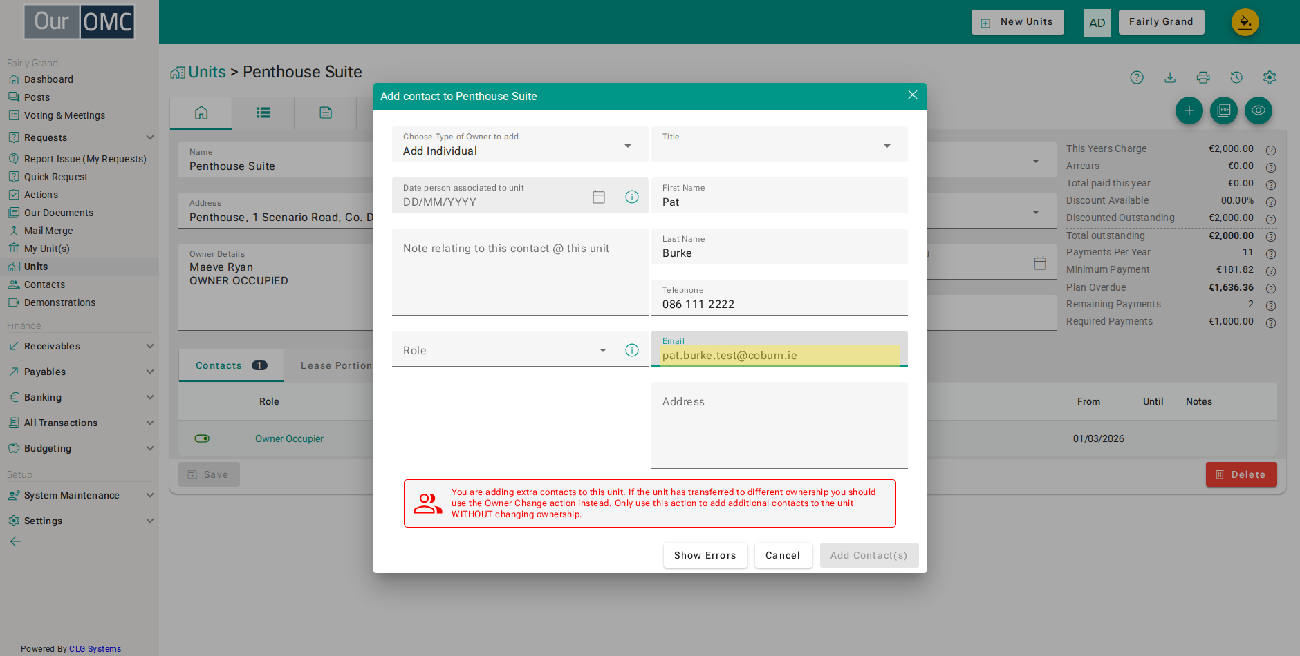 Enter the owner's email — used for statements and portal access