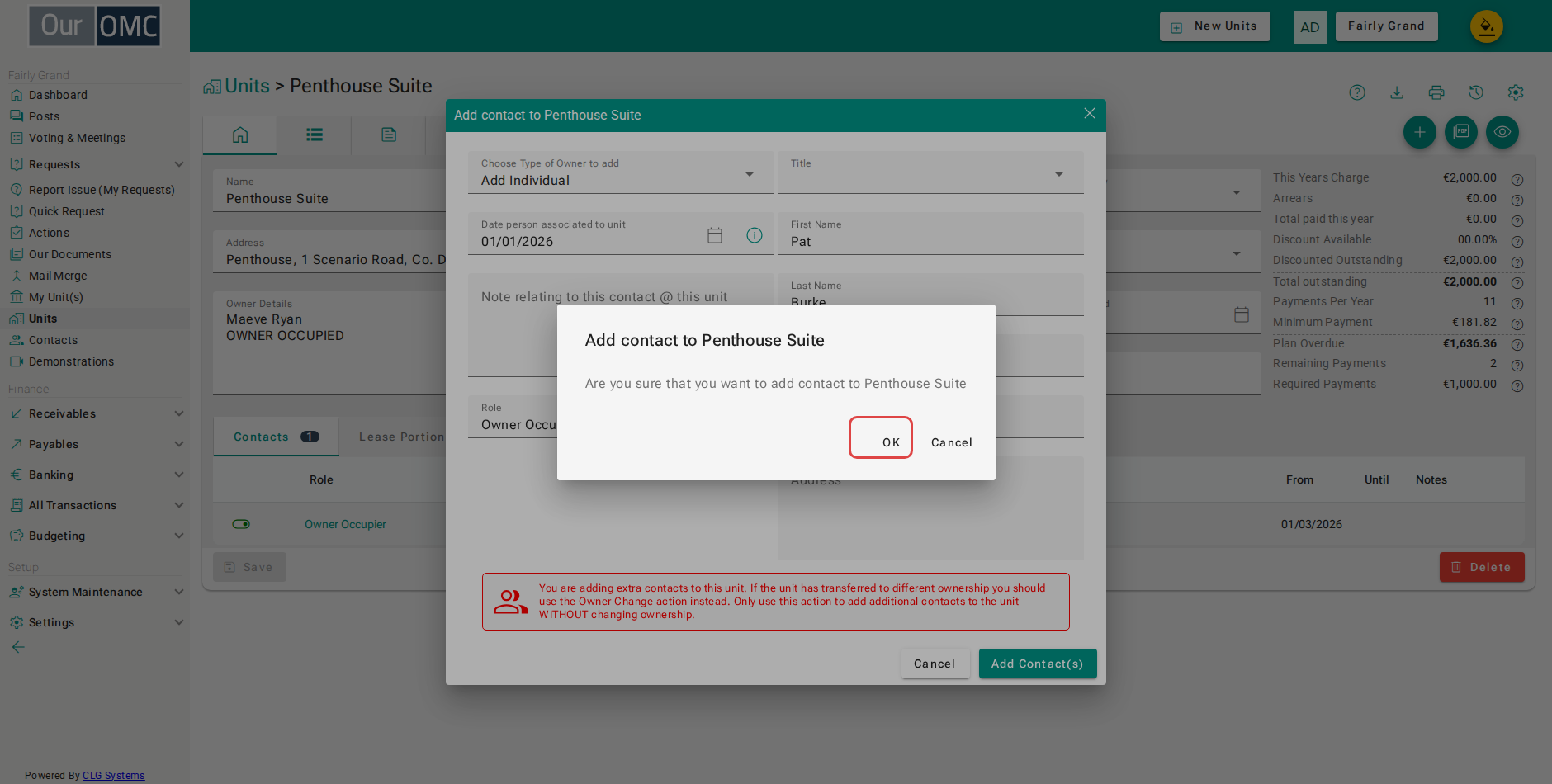 Confirm to add the contact — the owner is now linked and appears on the Contacts tab