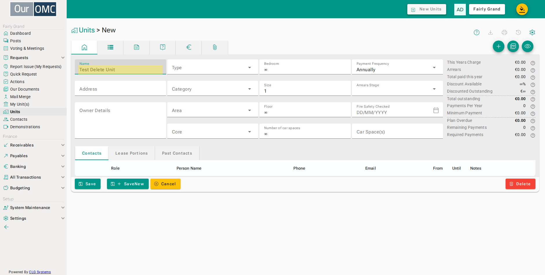 Create a temporary unit — it has no transactions so it can be deleted