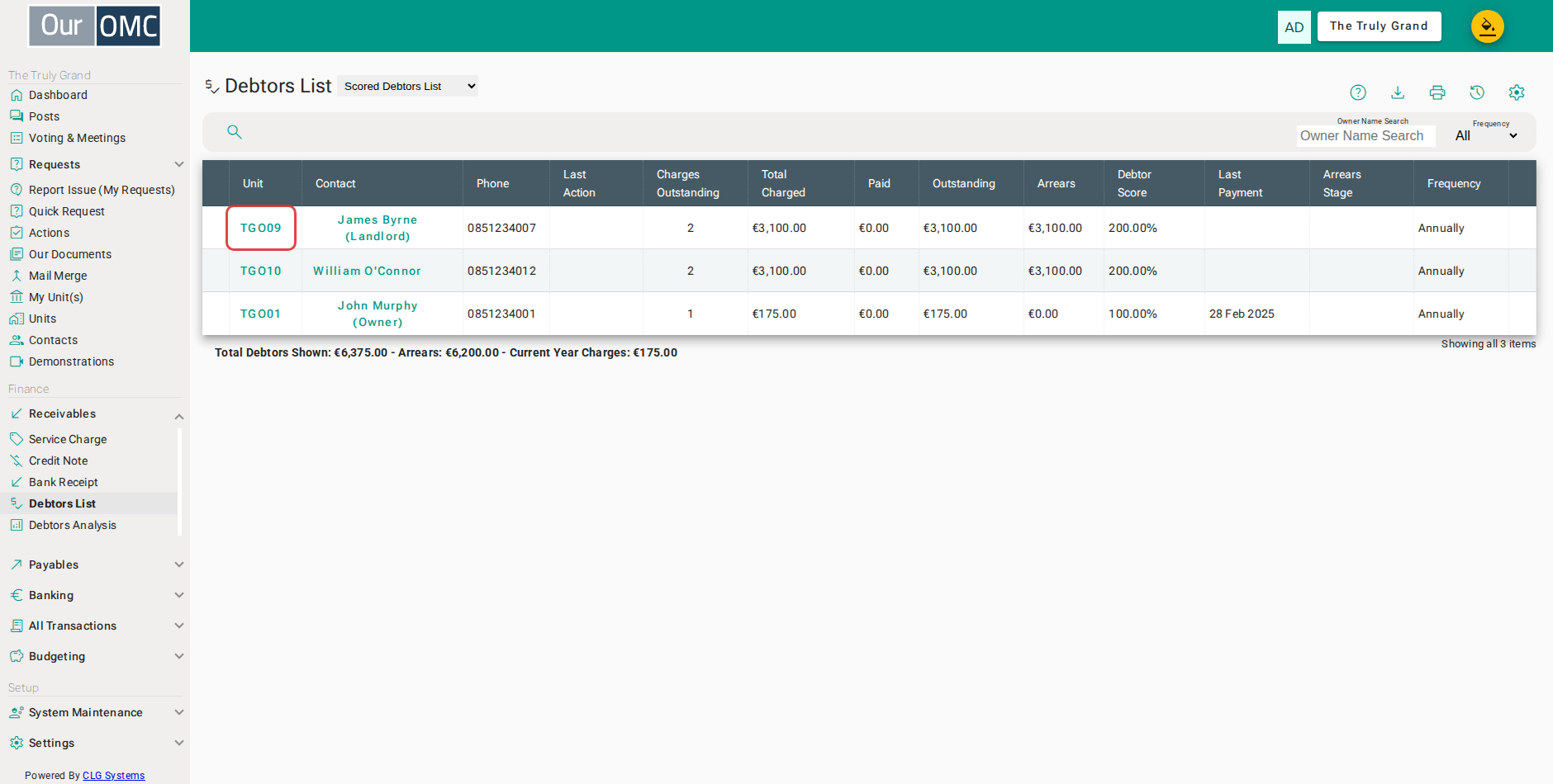 Open the unit with an outstanding balance — this opens the unit detail in a dialog