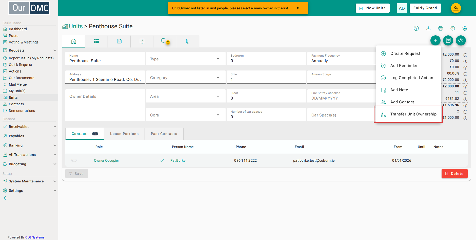Choose Transfer Unit Ownership to formally record the change of owner