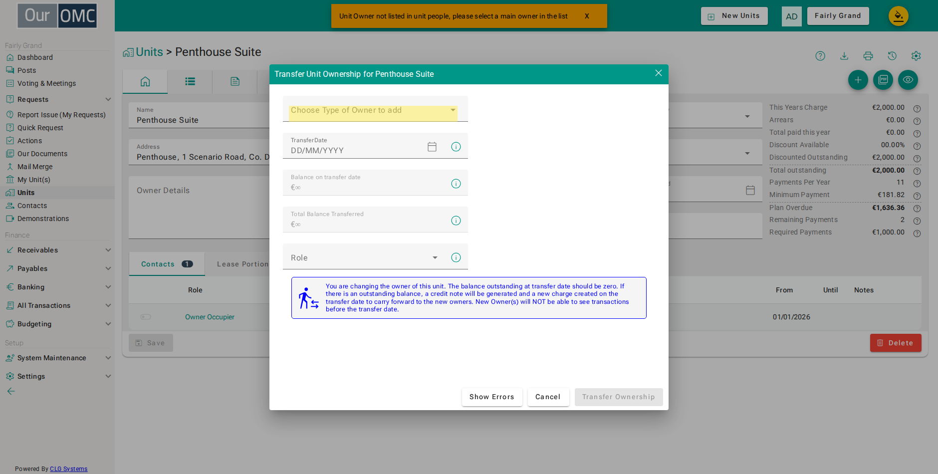 Select Individual to create a record for the incoming owner