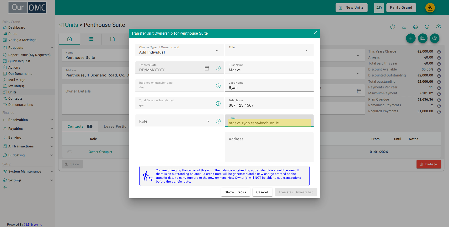 Enter the new owner's email so they can register for the portal