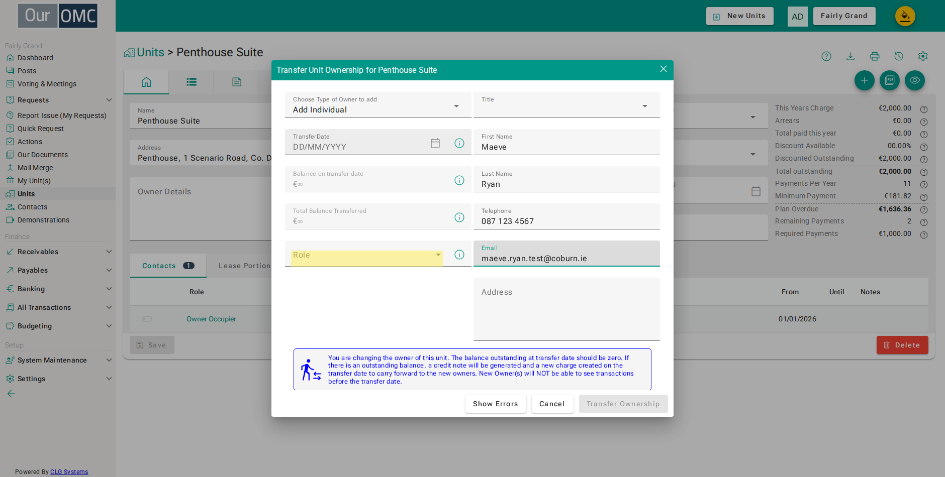Select the role for the new owner