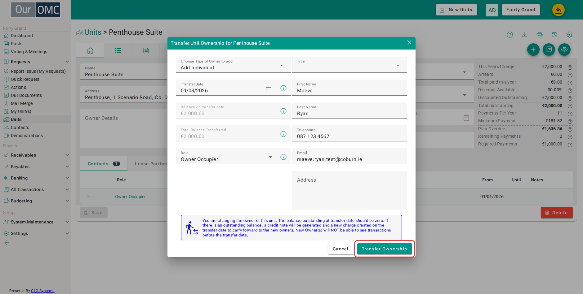 Click Transfer Ownership to record the change of owner
