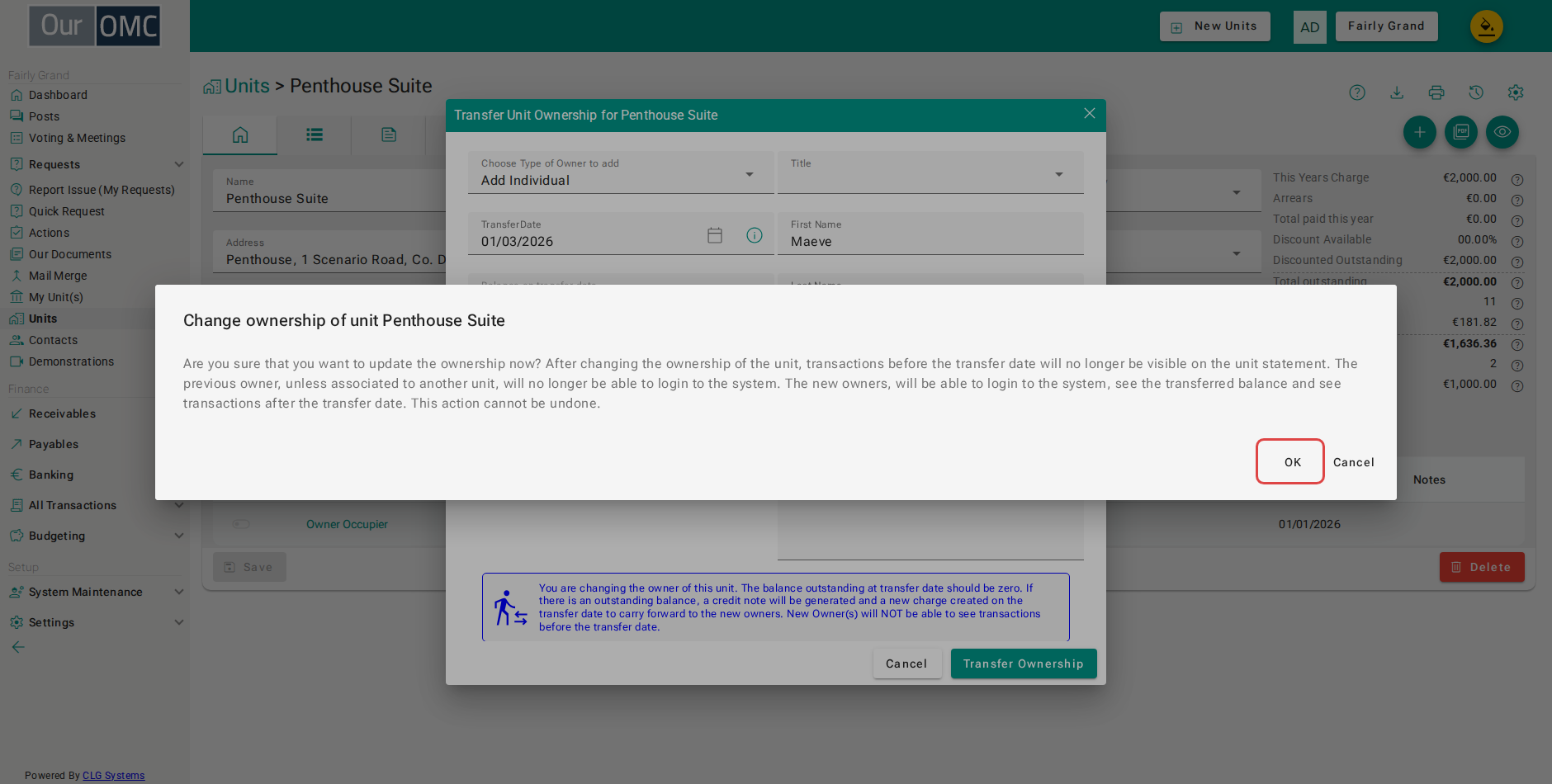 Confirm the transfer — the system creates the balance-forward entry and updates ownership