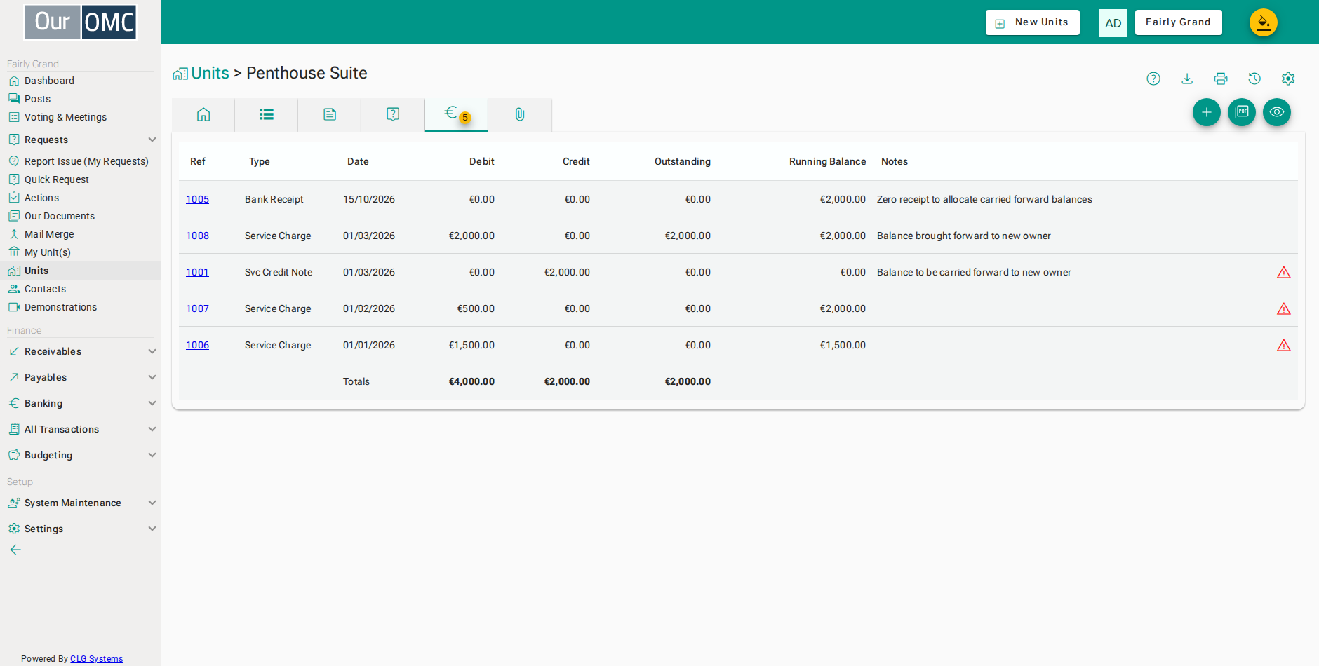 Transactions before the transfer date show a warning triangle, indicating they are hidden from the new owner on statements and in the portal