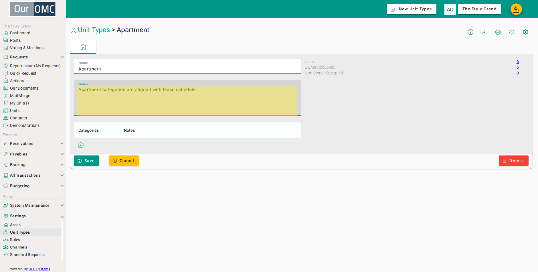 Type [Apartment categories are aligned with lease schedule] in the [Notes] field