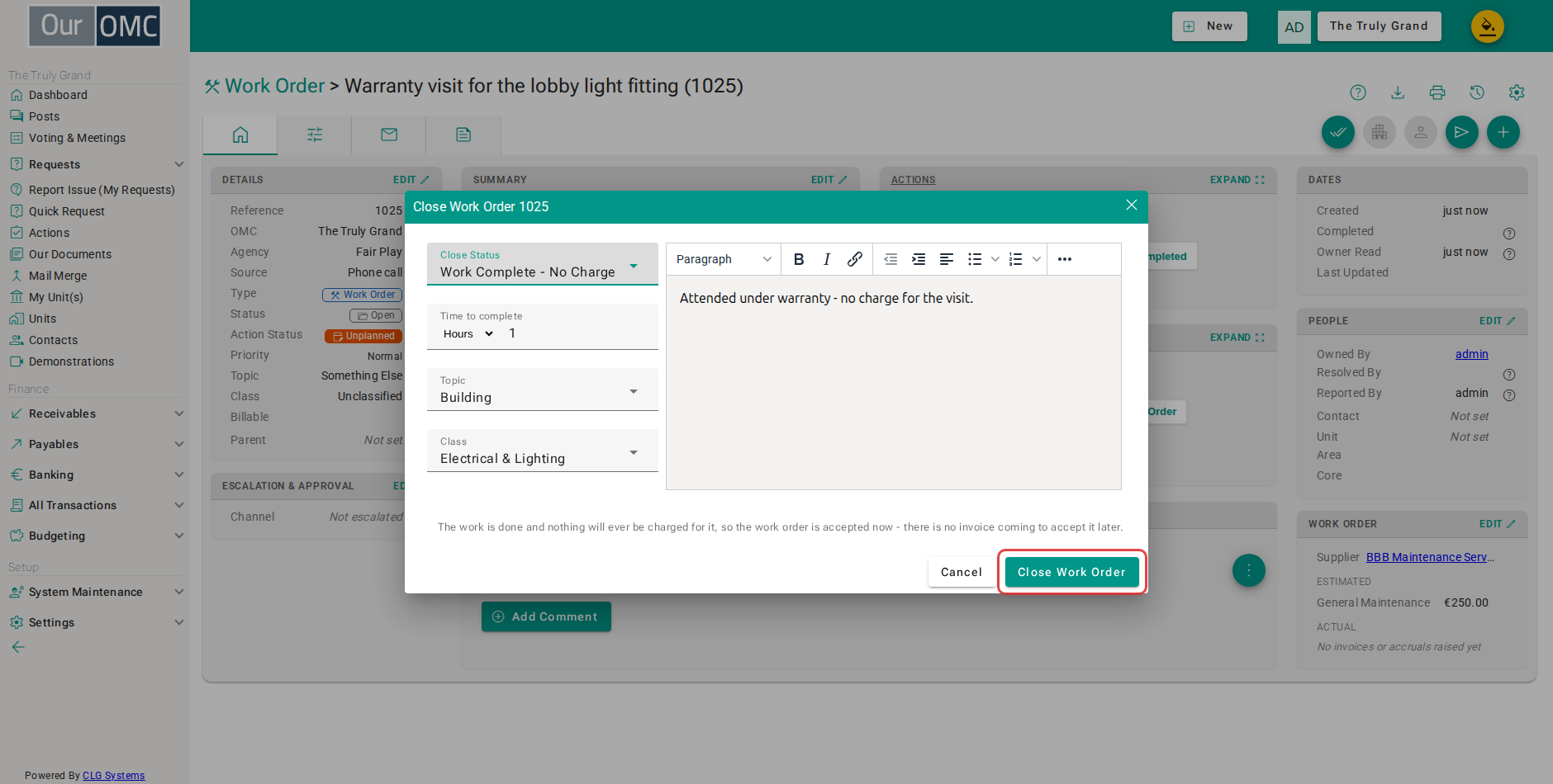 Click Close Work Order - it goes straight to accepted