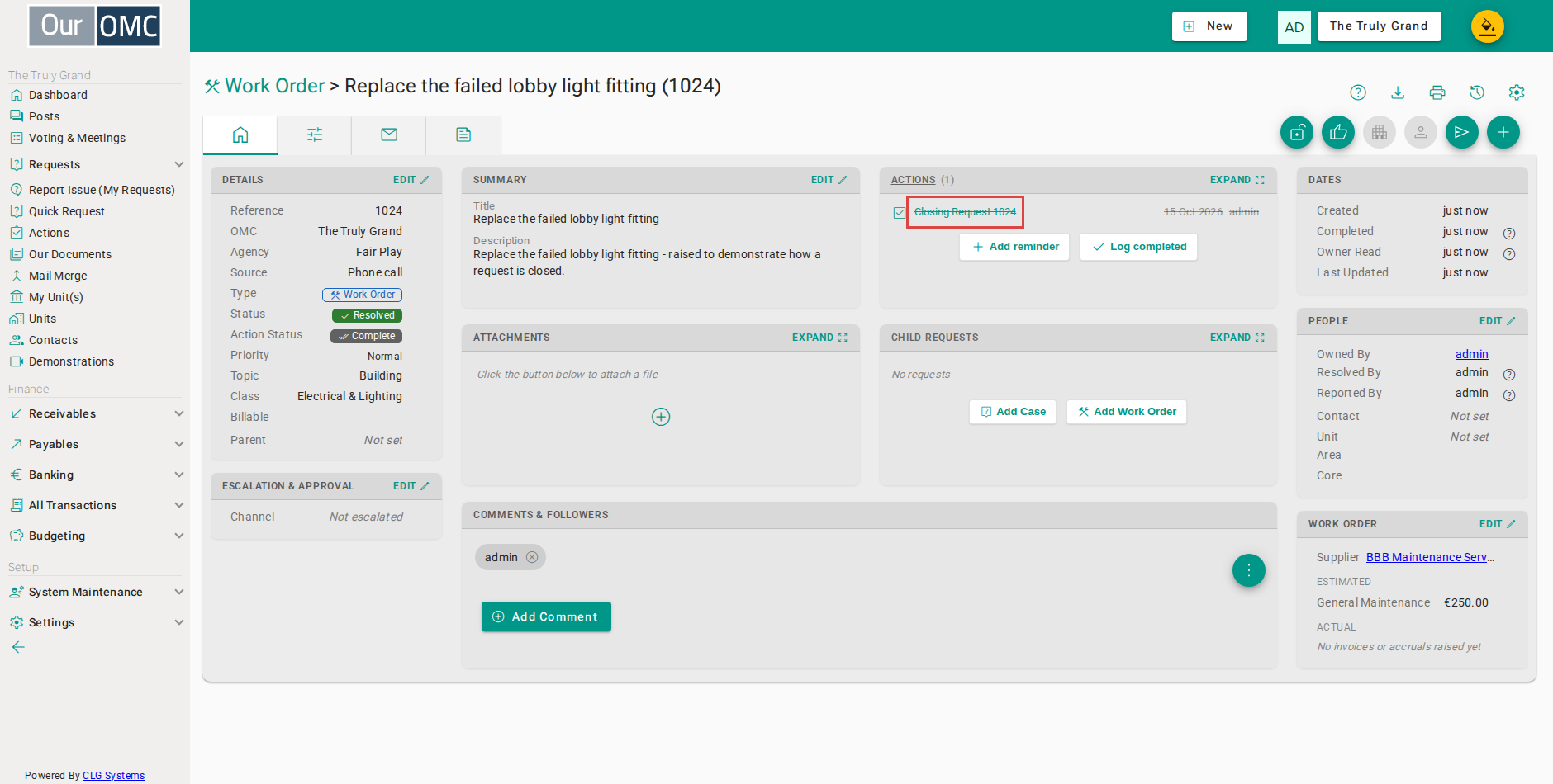 The completion note is kept as a completed action on the work order